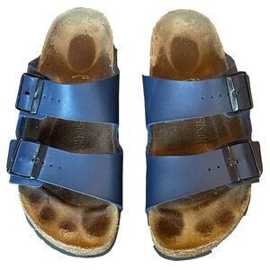 Birkenstock Arizona Slides Sandals Blue Birko FLor Vegan Leather Womens 7 EU‎ 38